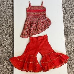 Vintage Red Two-Piece Set Beaded Embroidered Top & Ruffle Pants